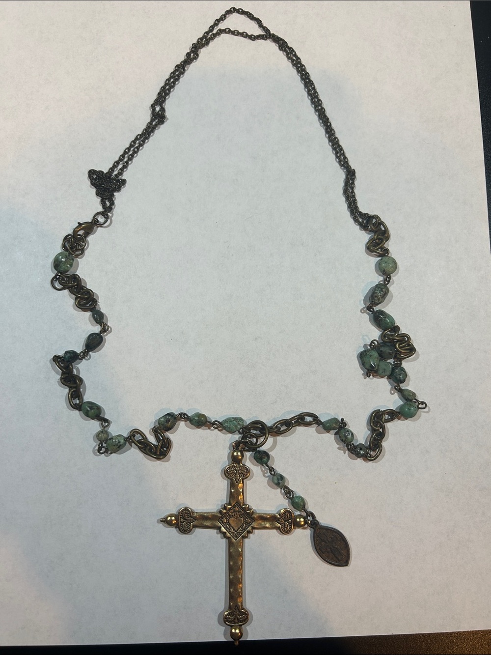 Antique-Inspired Green Bead Cross Necklace